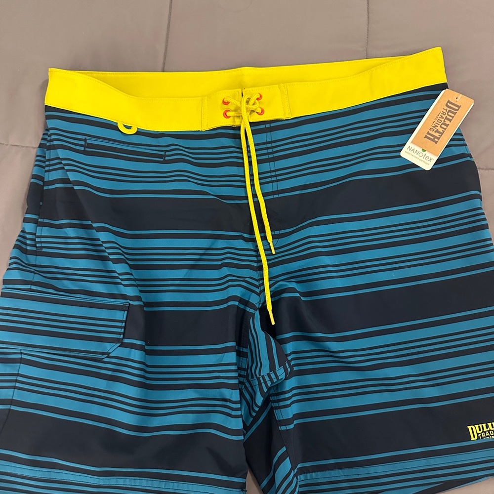 Duluth Trading Co Blue and Yellow Board Shorts with Quick-Dry Fabric